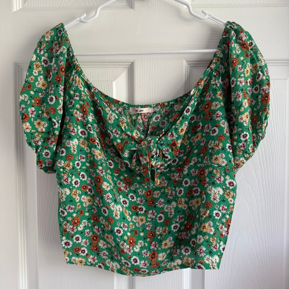 Mi Ami Green Floral Daisy Crop Top Tie Front Puff Sleeve Blouse Large